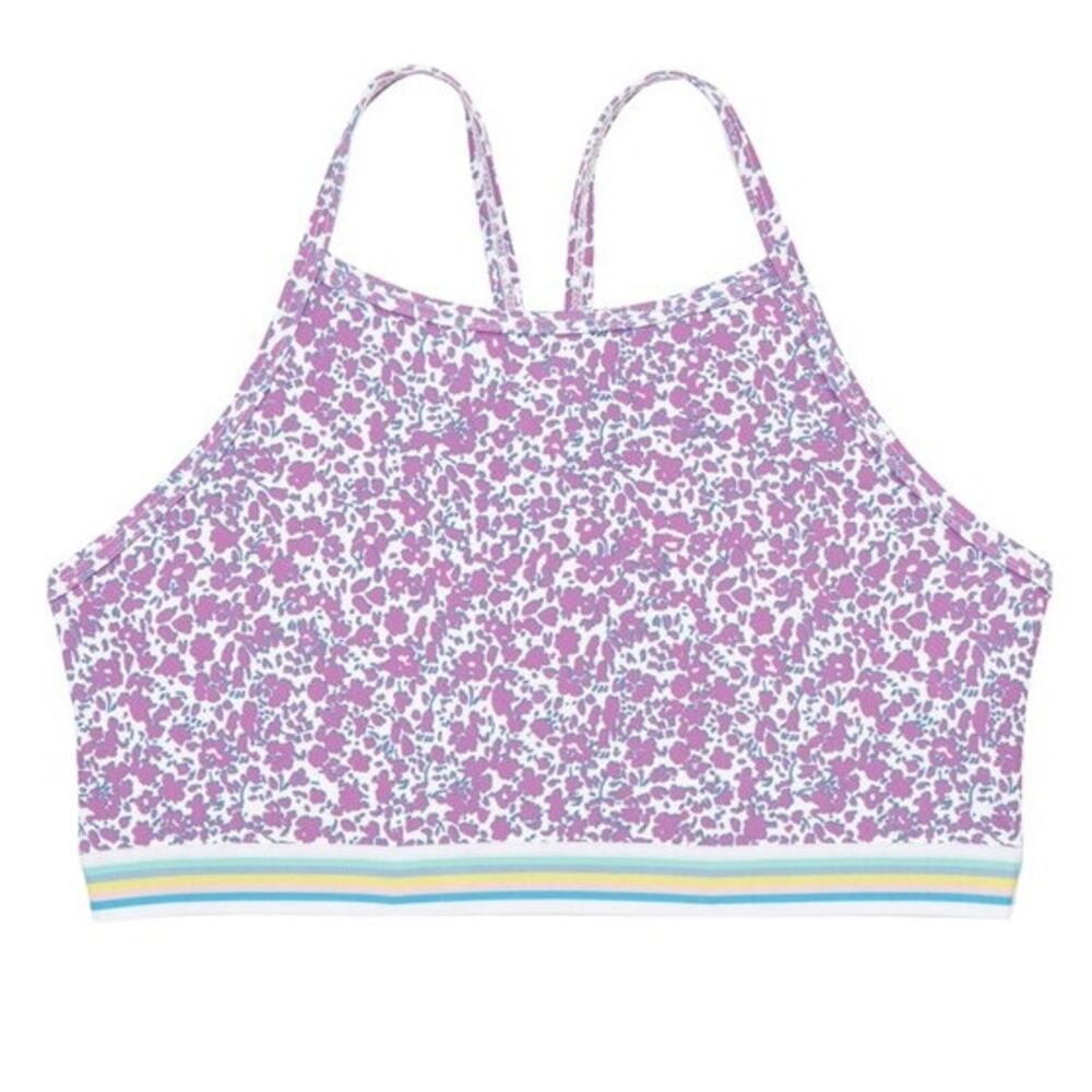 Zella Girl High Neck Floral Sporty Stripe Bikini Top Rainbow Pop 16 NEW